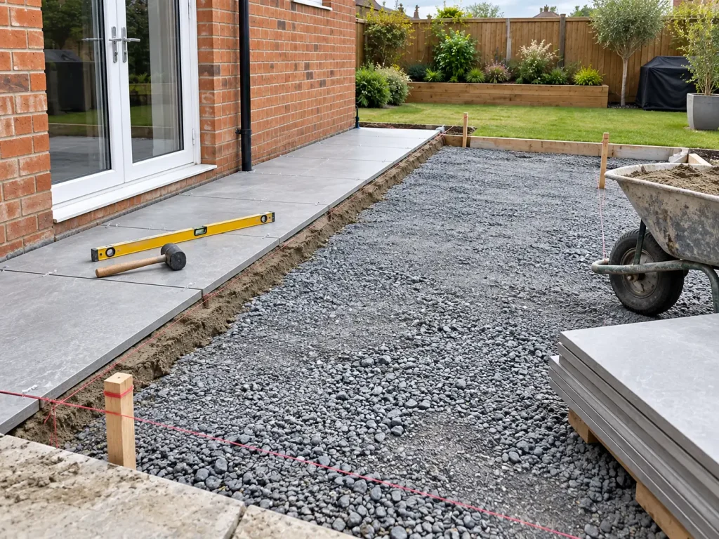 A patio being built: compacted stone sub-base, string lines on pegs and the first porcelain slabs bedded on mortar