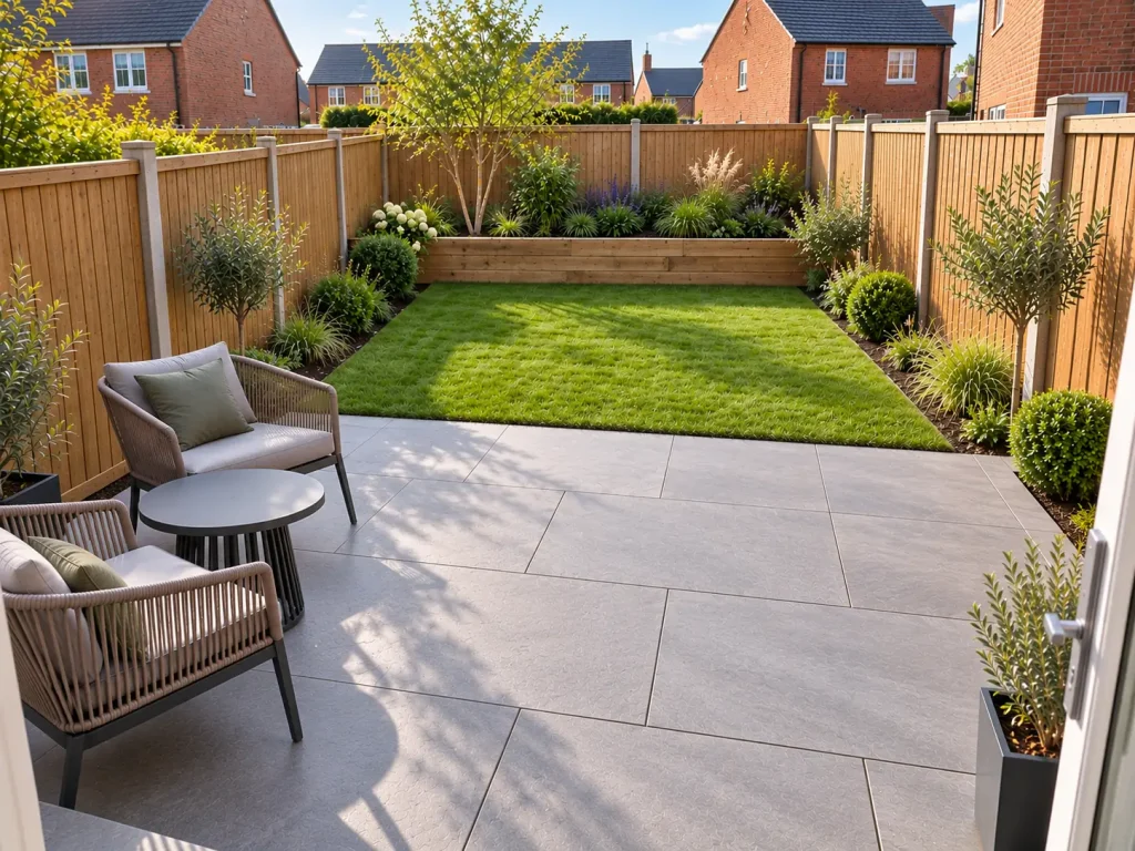 Small new-build garden with a fresh grey porcelain patio and an oak sleeper raised bed