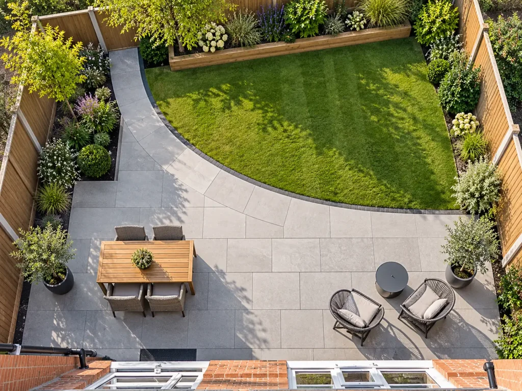 Overhead view of a rectangular grey patio meeting a curved lawn