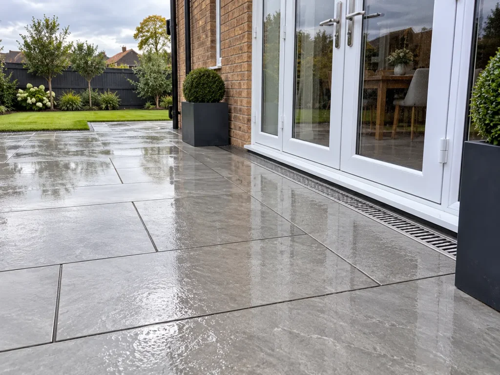 Light grey porcelain patio after rain, with water running into a slim drain by the French doors