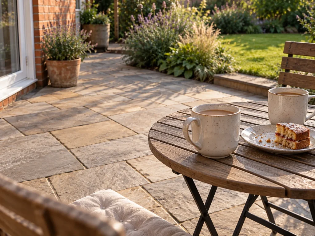 Two mugs of tea on a small table on a sandstone patio in the morning sun