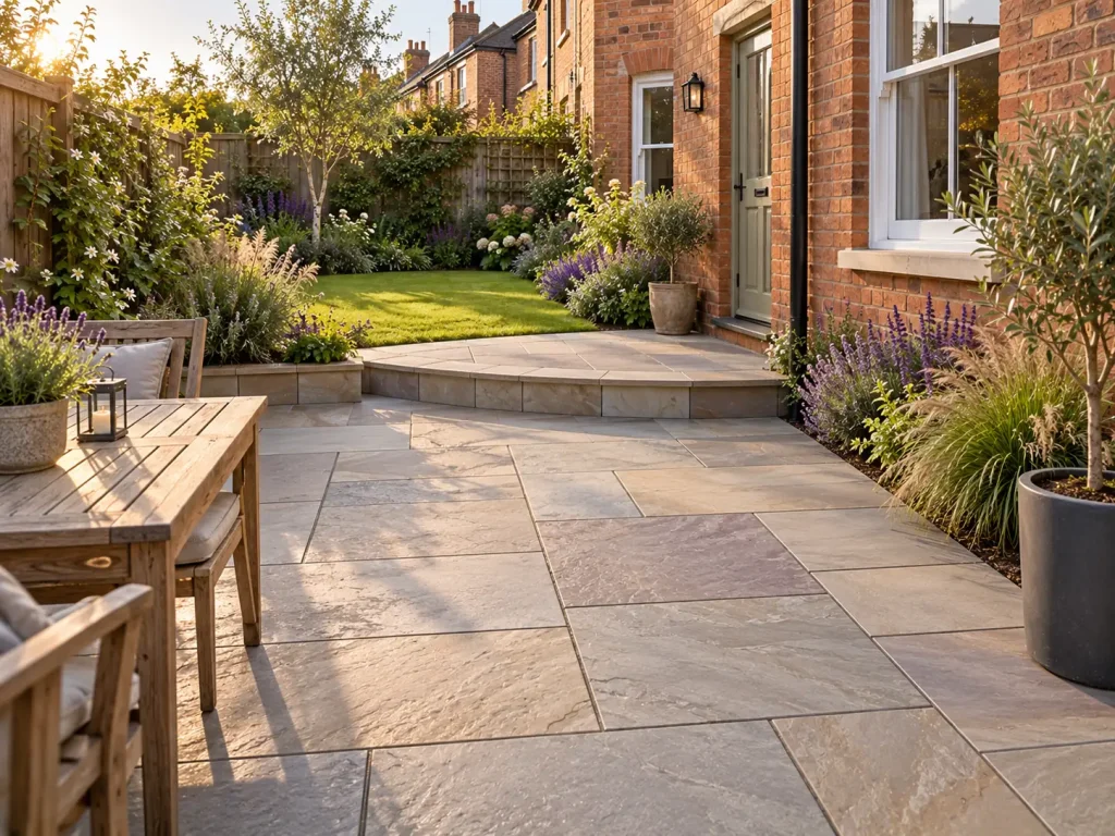 Riven grey Indian sandstone patio with a curved step up to a lawn behind a Victorian terrace